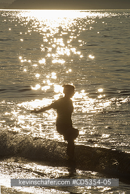 SEATTLE: Playing in the waves, Sunset, Alki Beach, Puget Sound, Seattle, Washington SUMMER