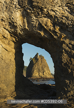 WASHINGTON, COAST: View of Sea Stack through Hole-in-the-Wall natural arch, Rialto Beach, Olympic National Park, Washington