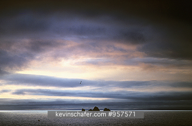 USA, CALIFORNIA: Farallon Islands seen at a distance, sunset.