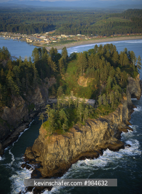 WASHINGTON, USA: Coastline aerial of James Island, village of La Push in background, Olympic National Park.